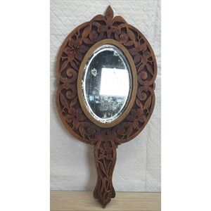 Rare Unique Lovely Antique Carved Wood / Floral Hand Mirror 15" X 7"